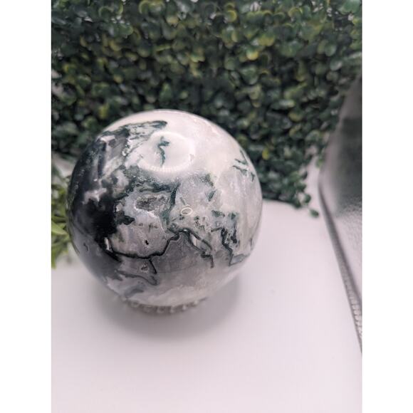 High Quality Moss Agate Sphere Druzy Cave Crystal witch Natural Statement Piece - Picture 4 of 8